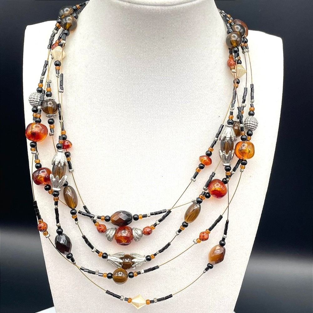 Multi-Strand Autumn Glass Bead Statement Necklace‎ – Adjustable Lobster Clasp